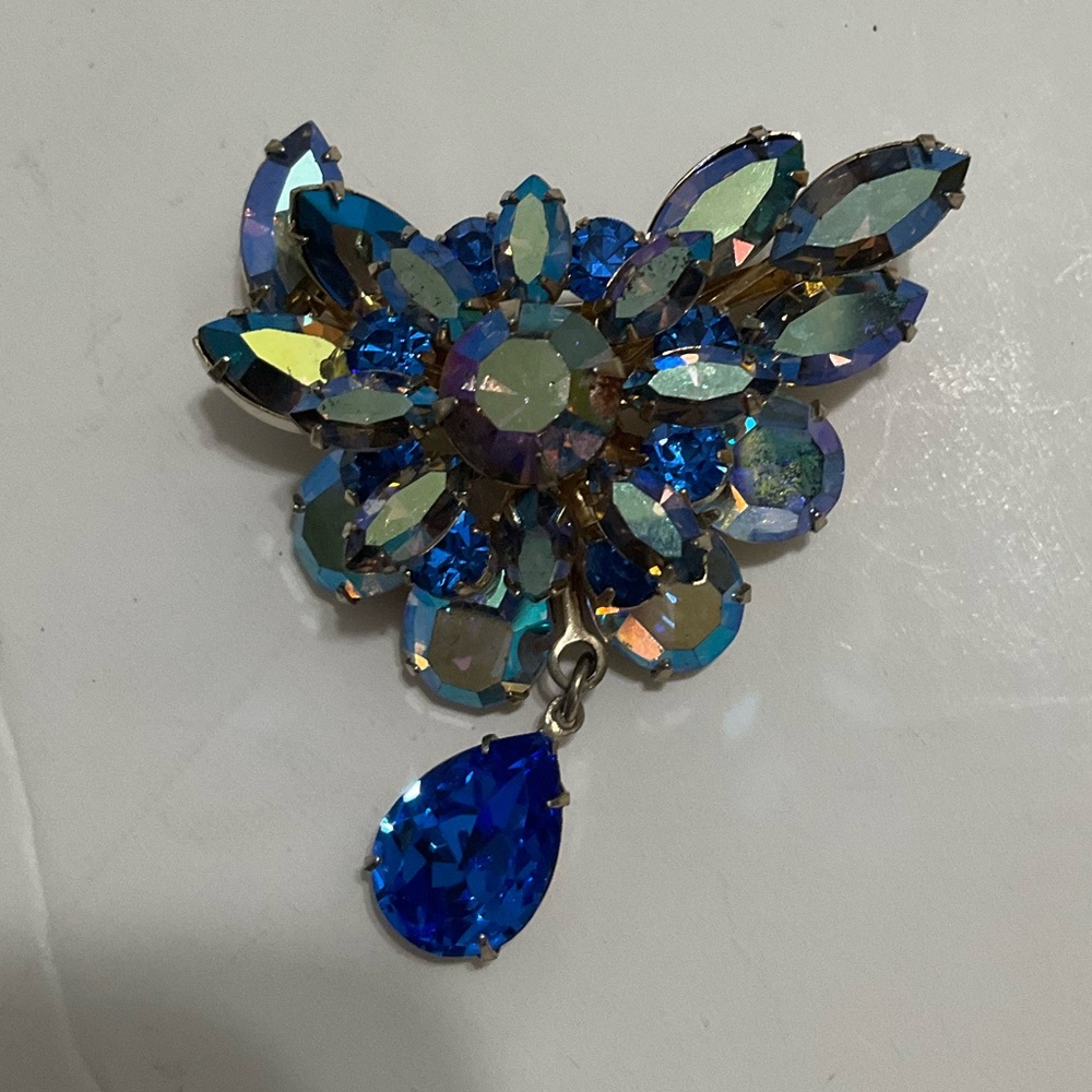 Iridescent Blue Floral Crystal Brooch with Blue Teardrop
